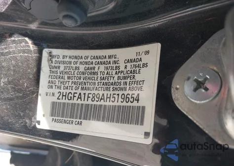 2010 Honda Civic Ex из США, поврежденный, VIN 2HGFA1F89AH519654